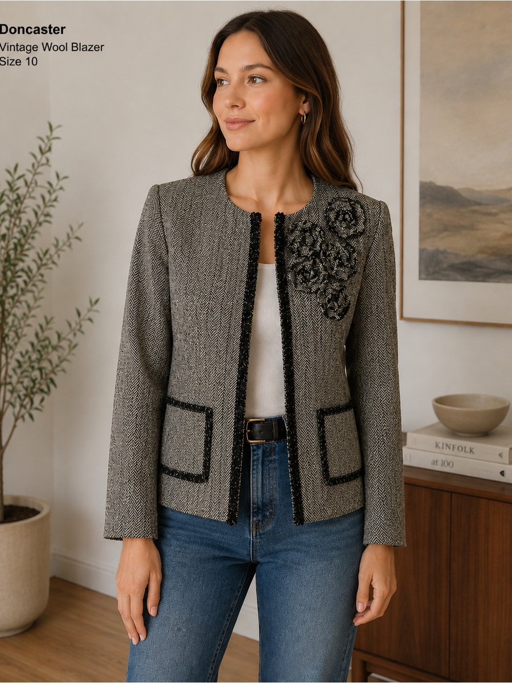 100% Silk Doncaster Women's Brown Blazer with Floral Accents